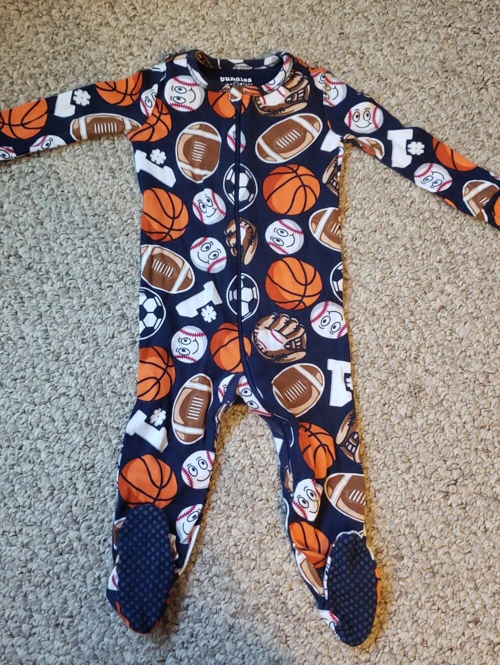 Bundles Baby Place Navy Sports Print Zip-Front Footed One-Piece 6/9M